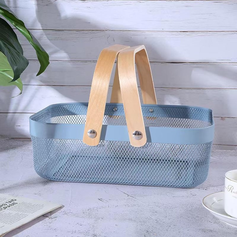 AJIODA Metal Mesh Steel Basket, Storage Organizer Baskets Garden Harvest Basket Multi-functional Kitchen Fruit Baskets Bin with Wooden Handle for Bathroom Picnic Shopping Decor Cabinet Home, Blue - Image 4